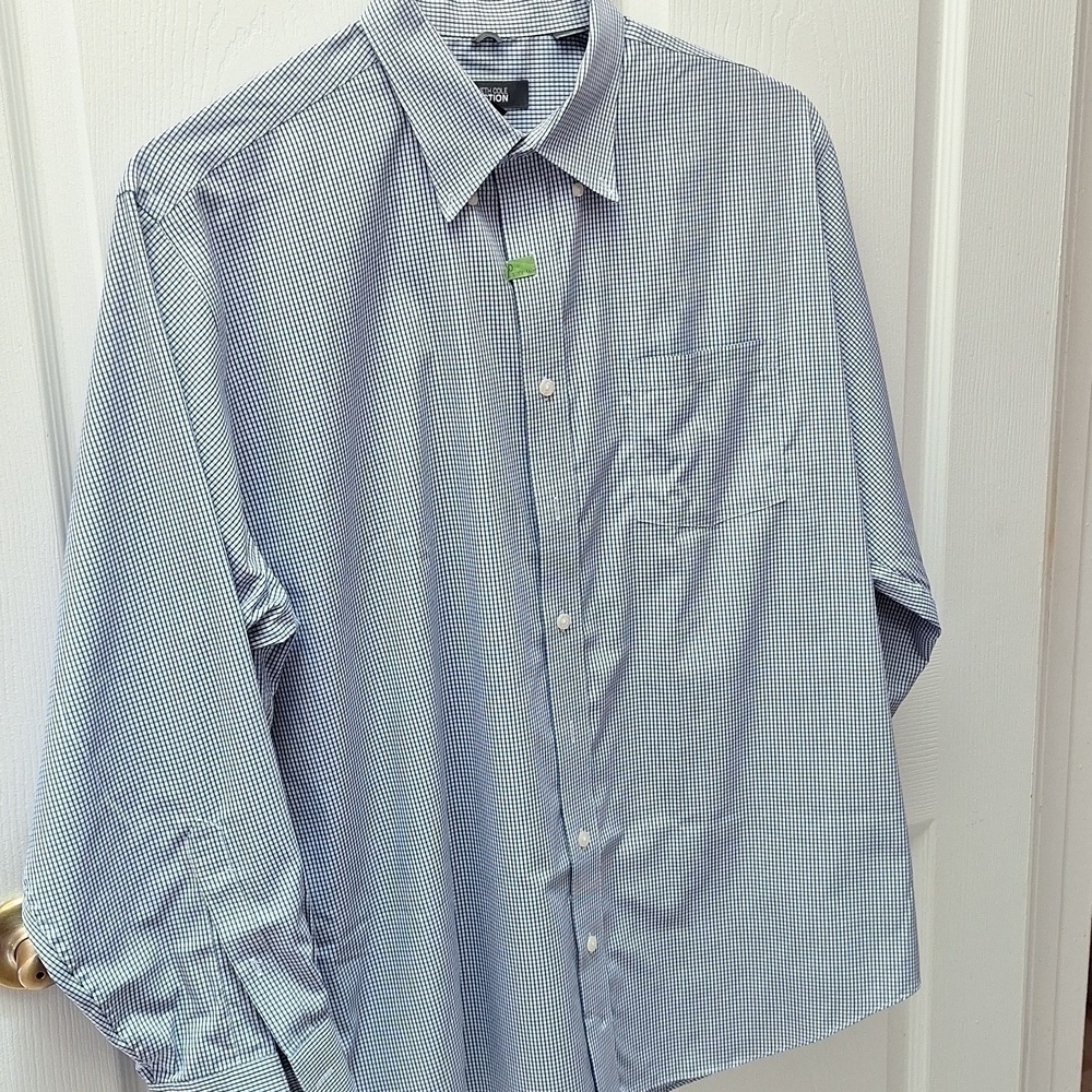 F mens Kenneth Cole long sleeve blue check button dress shirt XL